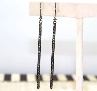 Oxidized Vintage Pave Diamond Stick Earrings 925 Silver Diamond Jewelry For Her - Image 1 of 4