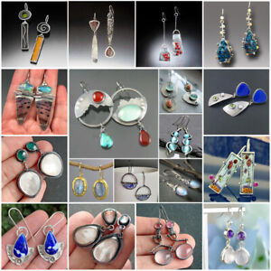 Retro  Silver Dangle Drop Earrings Ear Hook Moonstone Women Cubic Zircon Jewelry