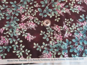 1 Yard & 17" Cotton Fabric Moon Over Waterfall Pink Floral on Brown Red Rooster - Picture 1 of 3