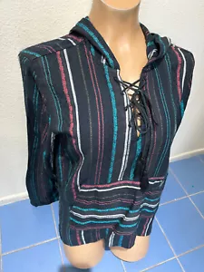ROXY Black Multi-color Stripe Lace-up Pullover Hoodie Top Pocket - Women's M - Picture 1 of 10