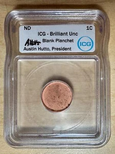 Lincoln Cent Blank Planchet No Date - ICG Brillant Unc White Label w/ Hutto Auto - Picture 1 of 4