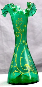 Jarrón alto soplado a mano pintado a mano de vidrio verde muy buen estado 12x5 pulgadas - Imagen 1 de 9