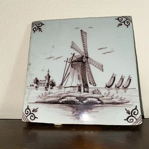 Antike FLIESEN MAKKUM Tichelaar Delft Holland Windmühle braun - Bild 1 von 5