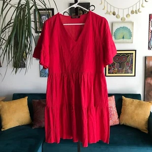 FANCYINN size M Red Gauzy Cotton Blend Tiered Peasant Dress NWT Pockets - Picture 1 of 5