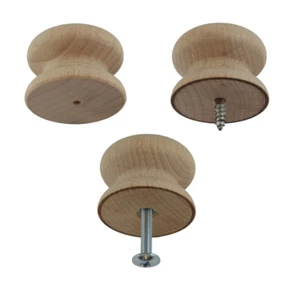 SINGLE 35mm (1⅜") Dia. HARDWOOD BEECH Drawer Knob Handle w/ CHOICE OF FIXINGS + - Picture 1 of 8
