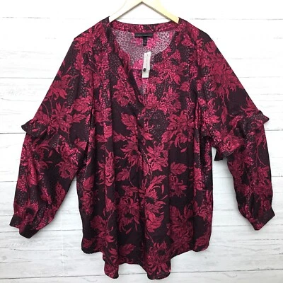 NUEVO Top Lane Bryant Mujer Talla 22/24 Rojo Negro Floral Tela Sedosa Manga Larga Foto 1 de 4