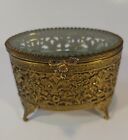 Vintage Ormolu? Gold Metal Filigree Casket Jewelry Trinket Box, Glass Lid,  Oval