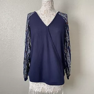 Bloomchic Sz 14 16 Dark Blue Patchwork Waffle Knit Wrap Long Sweatshirt Tee - Picture 1 of 15