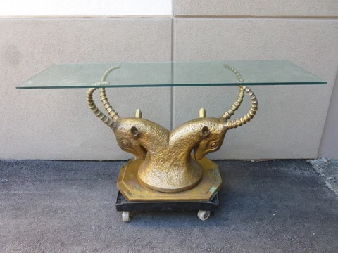 INCREDIBLY STYLISH 70'S BRONZE & ZINC ANTELOPE / RAMS JANUS HEAD CONSOLE TABLE Cover