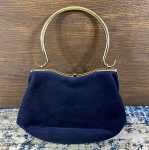 Vtg MM Morris Moskowitz Navy Blue Velvet Purse Brass Handle Handbag - Picture 1 of 13