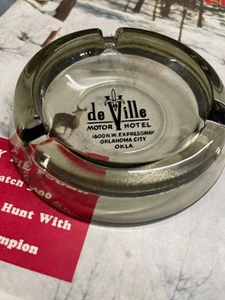 Vintage deVille Motor Hotel Oklahoma City OK 4.5" Gray Glass Round Ashtray - Picture 1 of 8