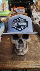 NEW HARLEY DAVIDSON Black LOGO On Grey Distressed Yupoong Trucker Hat Adult - Picture 1 of 5