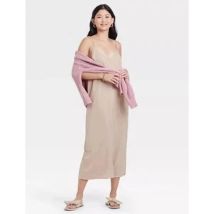 NWT NEW Solid Taupe Large Sleeveless Silky Midi Slip Dress A NEW DAY - Picture 1 of 3