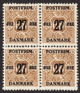 DENMARK 1918 SC #142 - MNH** Block, Perf 13, 27o on 68o cv $52.00  *Bay Stamps* - Picture 1 of 2