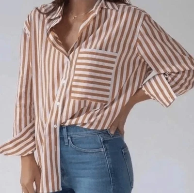 Camisa listrada tamanho grande laranja branca moderna AYR tamanho M The Deep End com botões - Imagem 1 de 4