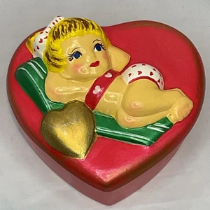 Vintage 1976 Ceramic Heart Shape Jewelry Box Girl Gold Heart Signed Valentines - Picture 1 of 5