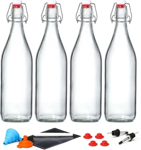 4 Pack [1 Liter / 33 Fl. Oz.] Swing Top Glass Bottles W/ Airtight Stopper Lids – - Picture 1 of 12
