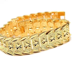 24k Gold Cuff Bracelets 14mm Width Men Women's Link Chain Jewelry Wrist Bangle - Picture 1 of 4