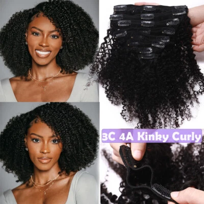 THICK Kinky Curly 3C 4A Human Hair Extensions Clip In Remy Double Weft THICK 8PS - Image 1 of 4