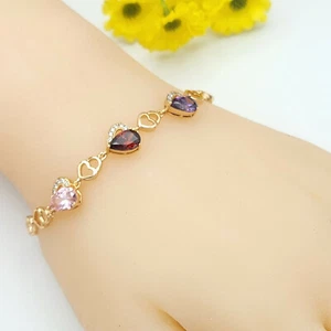 Woman 18K Gold Plated Red Purple Pink CZ Hearts Bracelet.Oro Laminado - Picture 1 of 6