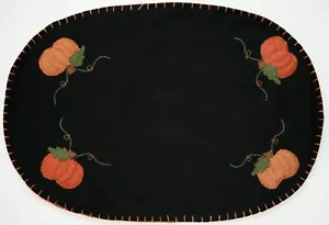 Halloween Fall Pumpkin Placemats Set of 2 Black Hand Sewn Embroidered - Picture 1 of 10