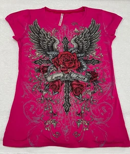 Rose Wing Cross Scroll Love Faith Strass verziert Flügelärmel Tee T-Shirt - Bild 1 von 2