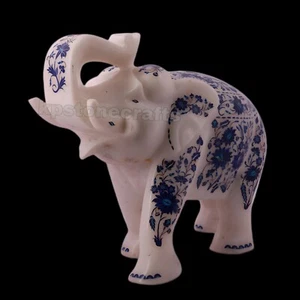 Handcrafted Decorative White Marble Elephant Statue Inlaid with Semi-Precious - Picture 1 of 8