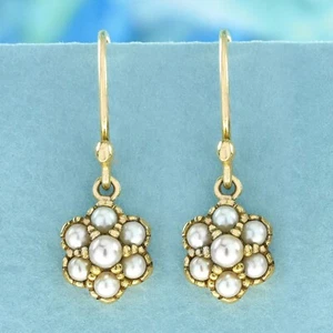 9K Gold Natural Pearl Vintage Victorian Style Floral Cluster Earrings  - Picture 1 of 6