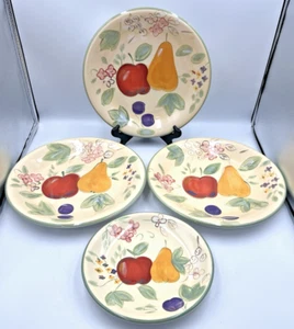 4pc Gibson Plates Hand Painted Stoneware Fruit Grove 3-Dinner 11" and 1-Salad 8" - Picture 1 of 13