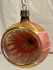 Vtg MCM Deep Indent Blown Glass Hand Painted Christmas Ornament Pink Gold 2.25" - Picture 1 of 6