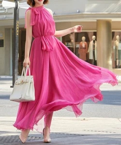 Maya Antonia Pink Red Tie-On Neck,Tie-On Waist Flowy Chiffon Maxi/Long Dress - Picture 1 of 6
