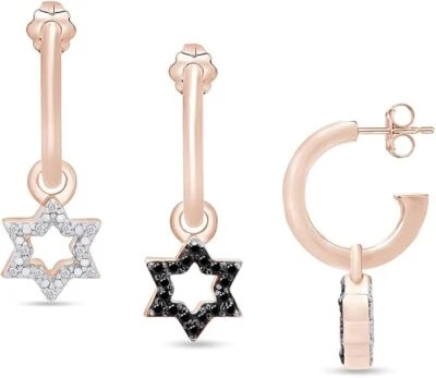 1/10ct Real Black & White Diamond Star Of David Rotating Hoop Earrings Sterling - Image 1 of 4