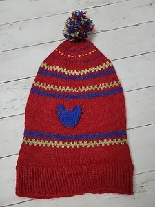 Handmade Youth Red & Blue Knit Pom Pom Winter Beanie Stocking Hat - Picture 1 of 7