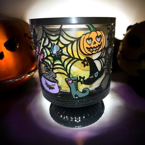 WITCH'S HALLOWEEN 3Wick Pedestal Candle Holder Bath & Body Works Pumpkins Webs - Picture 1 of 7