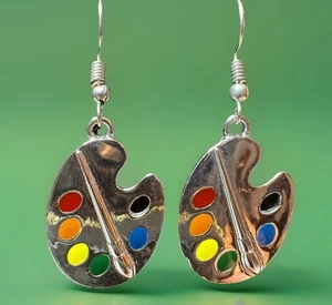 Vintage Enamel Artist Palette Dangle Earrings Colorful Paint Brush - Picture 1 of 3