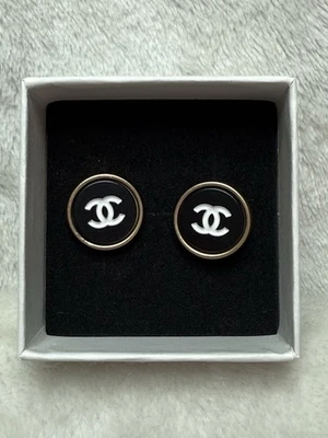 Upcycled Chanel Button Pierced Earrings Black White Gold - Image 1 of 4