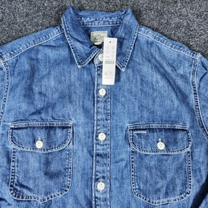 J Crew Midweight Denim Work Shirt Mens M Button Up Double Pocket White Buttons - Picture 1 of 8
