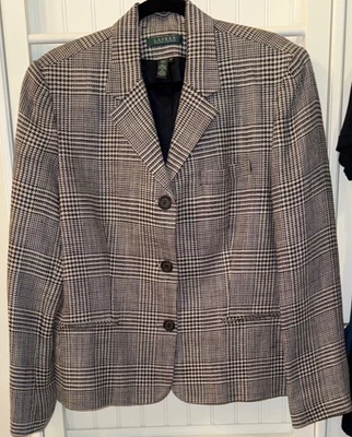 Lauren Ralph Lauren 女式 18 亚麻西装外套黑色奶油色格子千鸟格 — 第 1/4 张图片