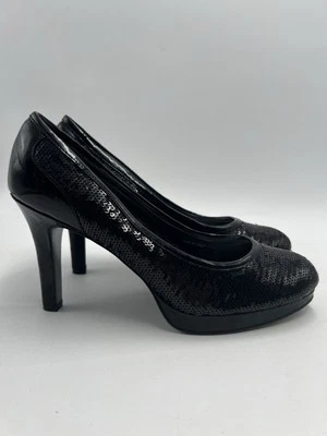 Tahari Negro Lentejuelas Punta Redonda Cuero Bombas Tacón Formal Negro Corbata Fiesta Talla 8.5 M Foto 1 de 4