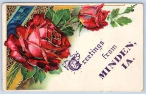 1910 Saludos de Minden Iowa Flores Rosas Rojas Postal en Relieve - Imagen 1 de 2