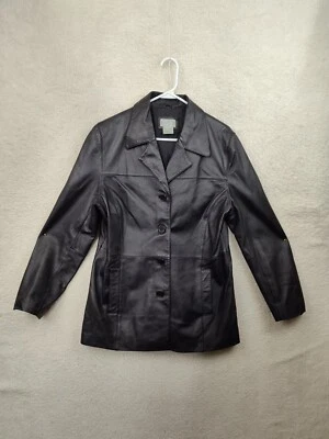 Chaqueta Blazer Charles Klein Mujer Grande Negra Cuero Genuino Cuello Abotonado Foto 1 de 4