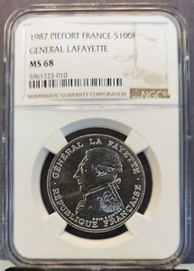 1987 FRANCE SILVER PIEFORT 100 FRANCS GENERAL LAFAYETTE NGC MS 68 GEM BU TOP POP - Picture 1 of 3