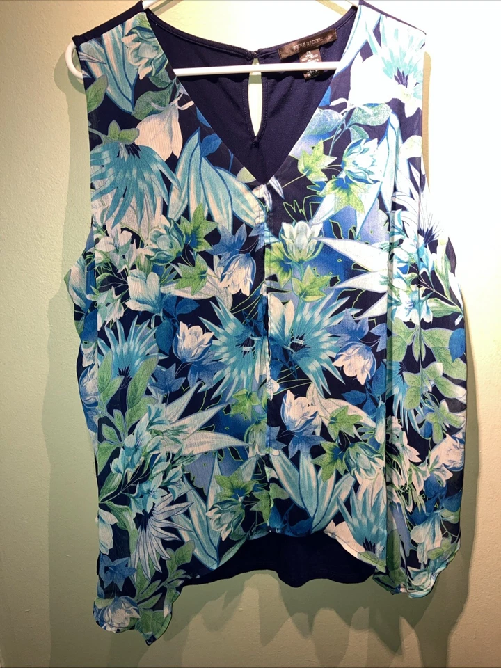 89th & Madison Flowy Lined Tank Top  Women's 2X Blue Watercolor Floral Feminine - Image 1 of 4