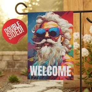 Garden Flag, Christmas in July,  Groovy Popart Santa Clause in Glasses Gift Her - Picture 1 of 13