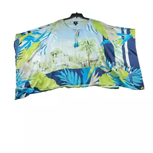 JM Collection Blouse Womens Plus Size 2X Blue Poncho Tunic Top Tropical New - Picture 1 of 6
