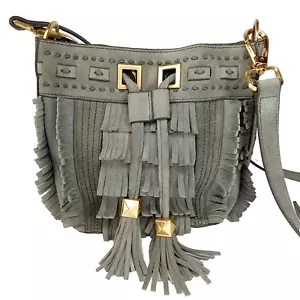 Brian Atwood Fransen Umhängetasche grau Wildleder Leder SM Schulter Bucket Western - Bild 1 von 21