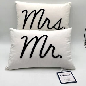 Pair Charter Club Damask Designs Mr & Mrs Embroidered Decorative Pillow 12 X 18 - Picture 1 of 9