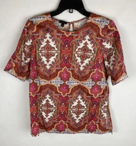 Talbots Womens Shirt 6 Pink Orange Paisley Short Sleeve Zip Closure - Picture 1 of 8