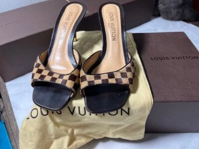 Mules vintage Louis Vuitton Damier Sauvage cabelo de pônei dedo do pé aberto - Imagem 1 de 4