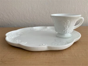 Vintage Indiana Glass " Harvest Grape " Milk Glass Luncheon Snack Plate w/Cup - Picture 1 of 3